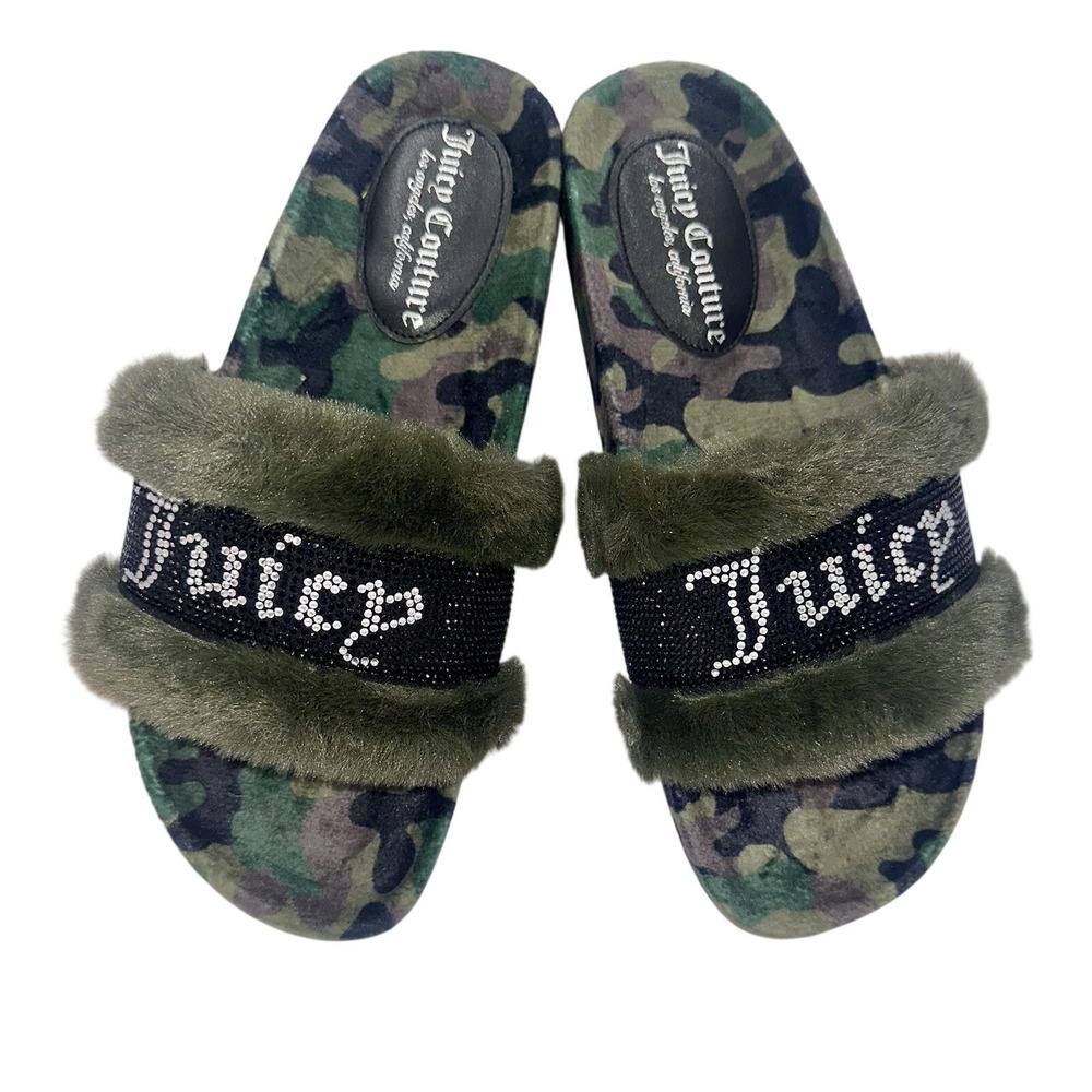 Juicy Couture Slide Slippers Faux Fur‎ Crystals Green Camouflage Womens Size 8